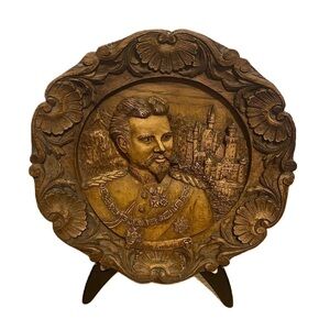 Vintage Konig Ludwig II Carved 3D Plate Wood Like Bavaria Germany Collector